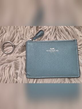 Coach Teal Leather Zip Card Case with Key Ring